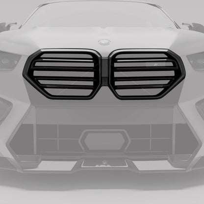 BMW X6M F96 LCI carbon front grille straight on view on the SUV fascia
