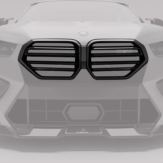 BMW X6M F96 LCI carbon front grille straight on view on the SUV fascia