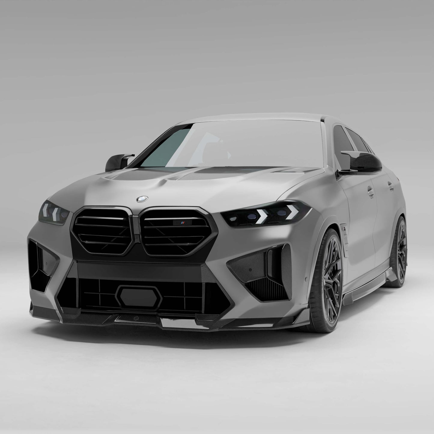 BMW X6M F96 LCI carbon fiber front lip splitter, front three-quarter view