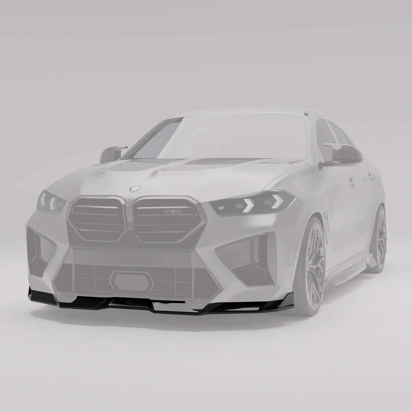 BMW X6M F96 LCI carbon front lip fitted to the lower bumper, angled view