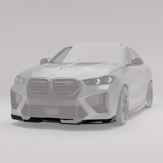 BMW X6M F96 LCI carbon front lip fitted to the lower bumper, angled view