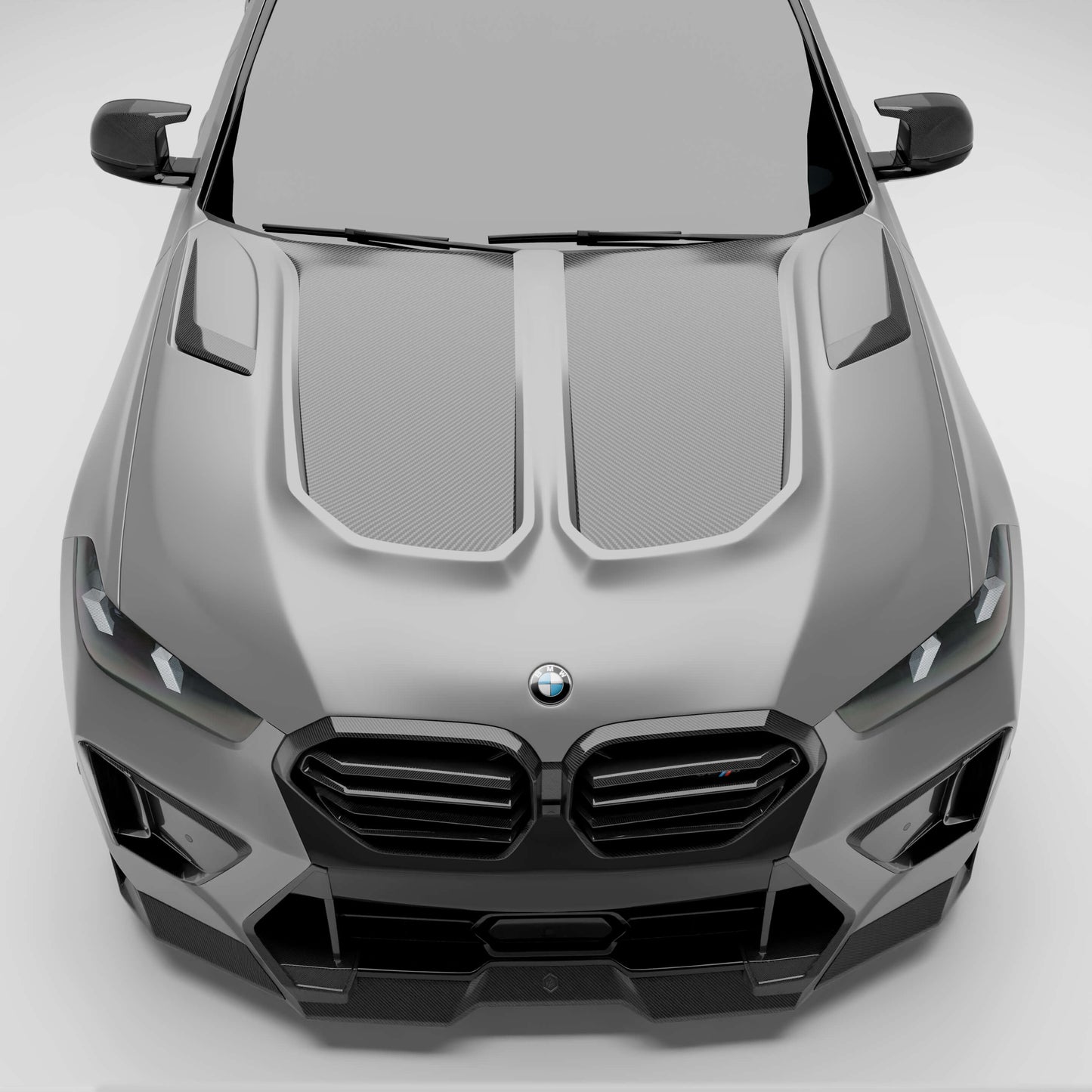 BMW X6M F96 LCI carbon fiber hood, angled studio view