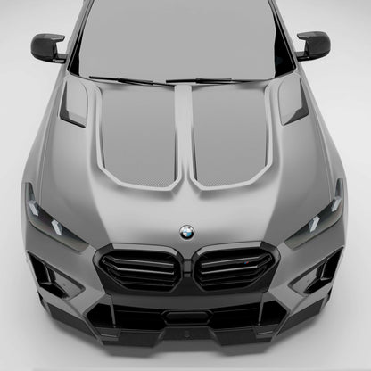 BMW X6M F96 LCI carbon fiber hood, angled studio view