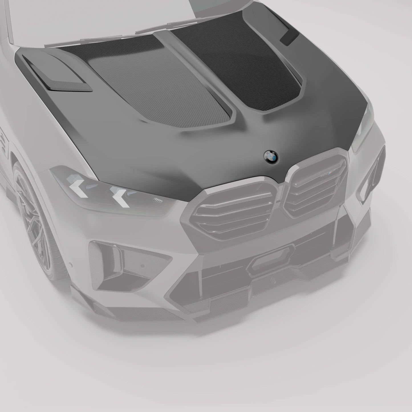 Carbon fiber hood fitted to a BMW X6M F96 LCI, front angle