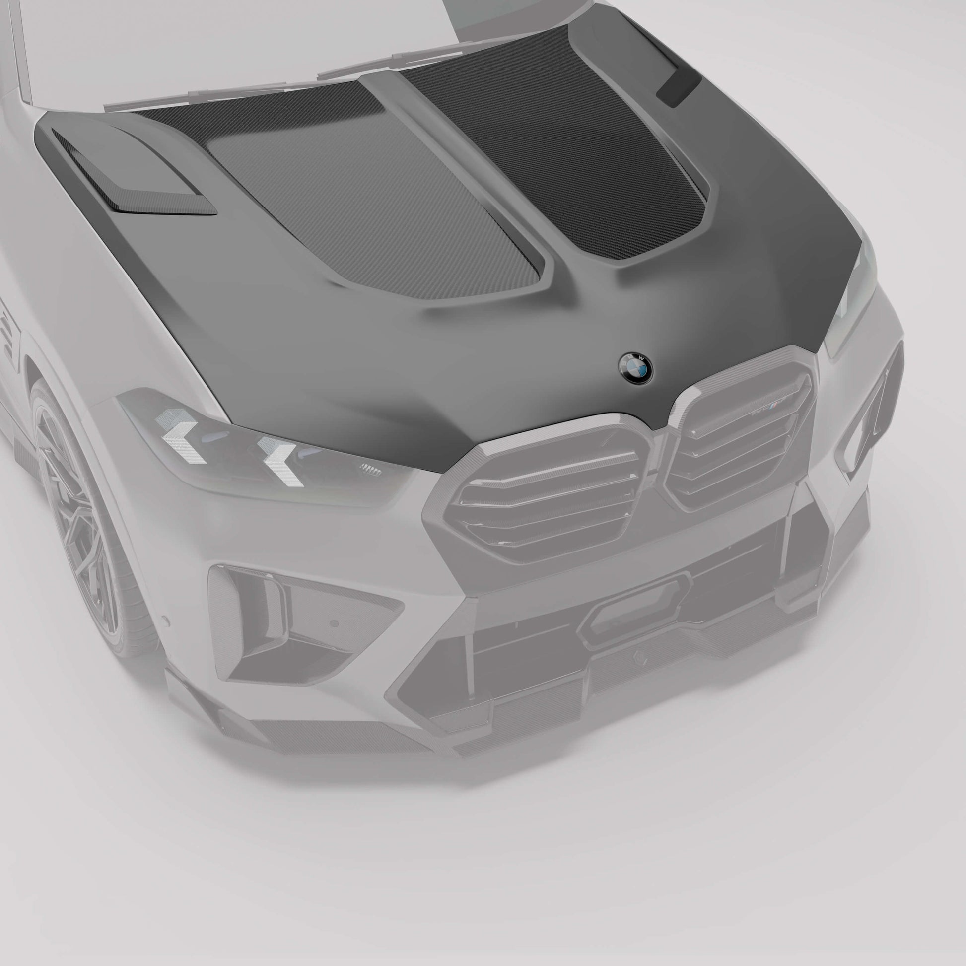 Carbon fiber hood fitted to a BMW X6M F96 LCI, front angle