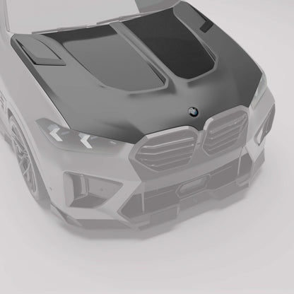 Carbon fiber hood fitted to a BMW X6M F96 LCI, front angle