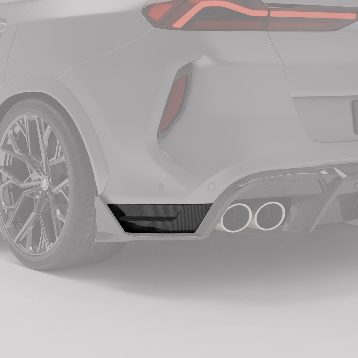 BMW X6M F96 LCI carbon rear splitter, opposite rear angle on the bumper