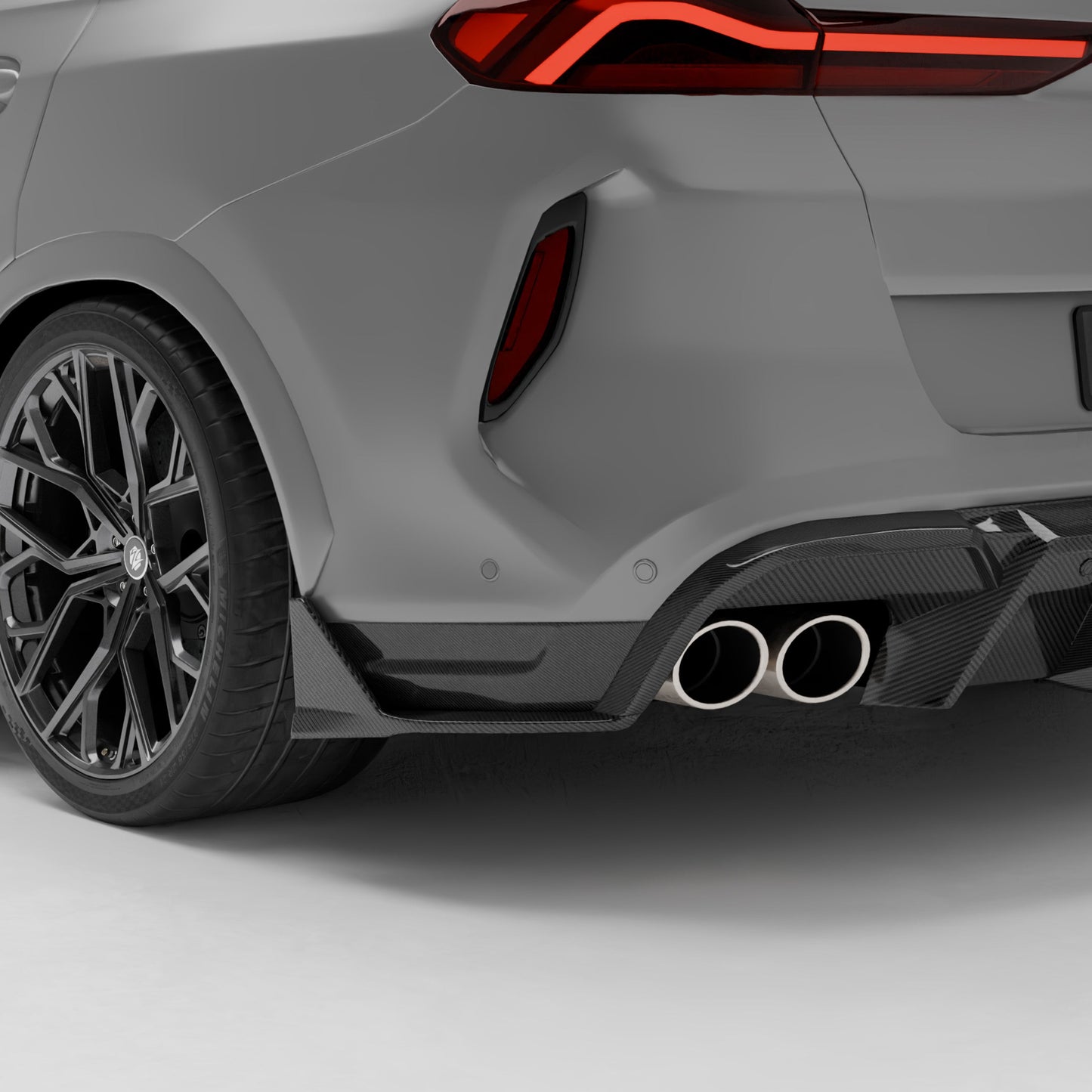 BMW X6M F96 LCI carbon fiber rear bumper splitter, rear three-quarter view