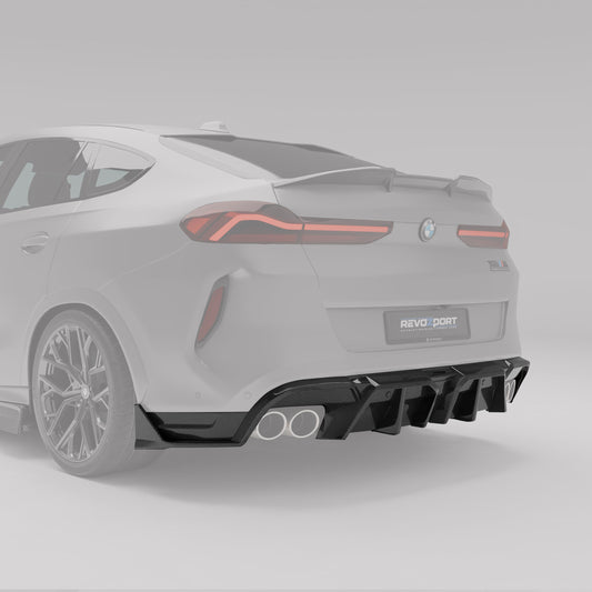 Carbon fiber rear diffuser fitted under the bumper of a BMW X6M F96 LCI