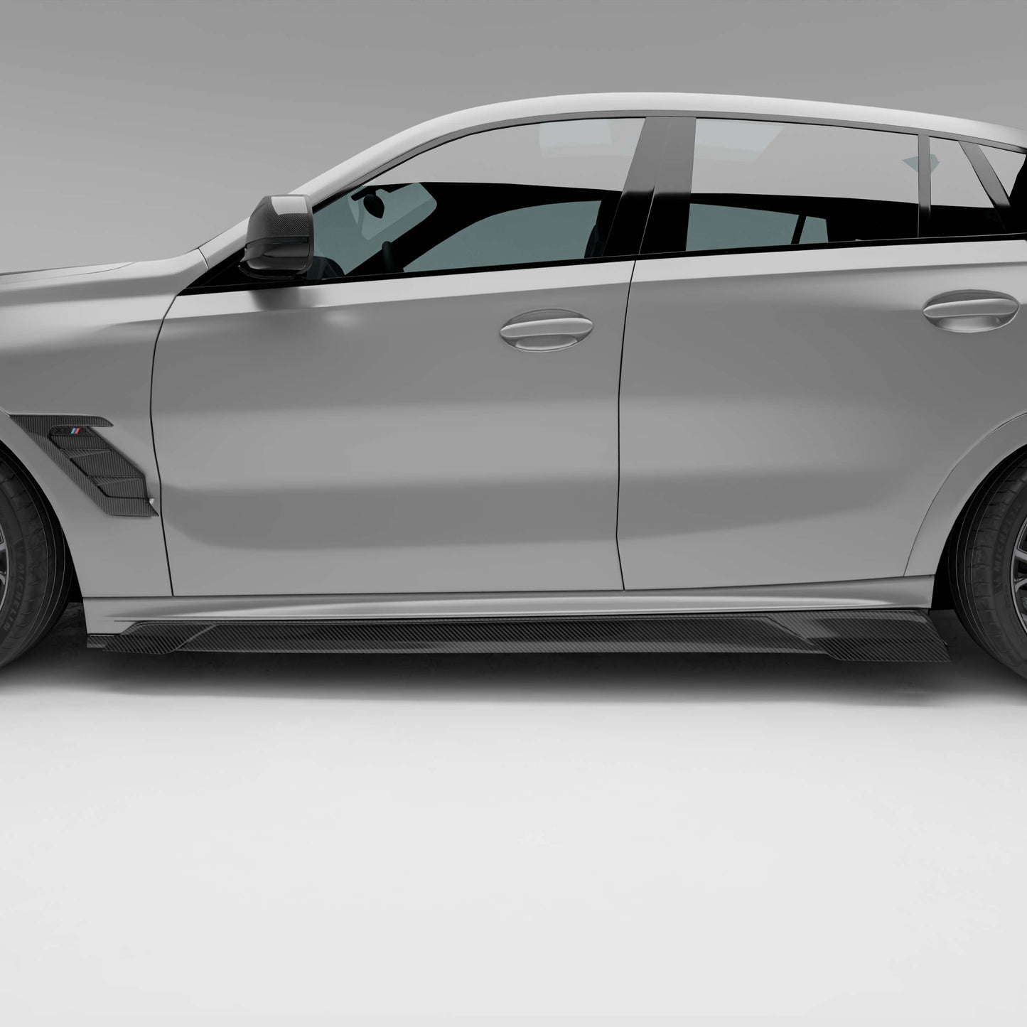 BMW X6M F96 LCI carbon side skirts, angled studio view