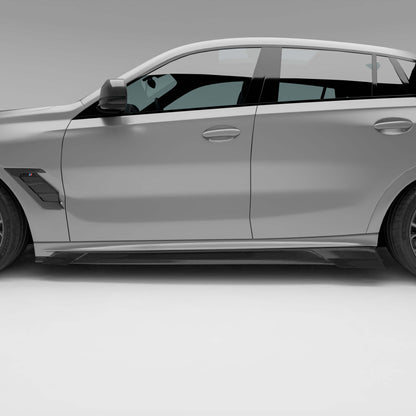 BMW X6M F96 LCI carbon side skirts, angled studio view