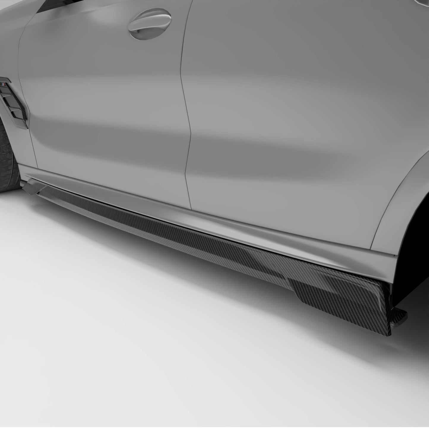 BMW X6M F96 LCI carbon fiber side skirts, full side profile view