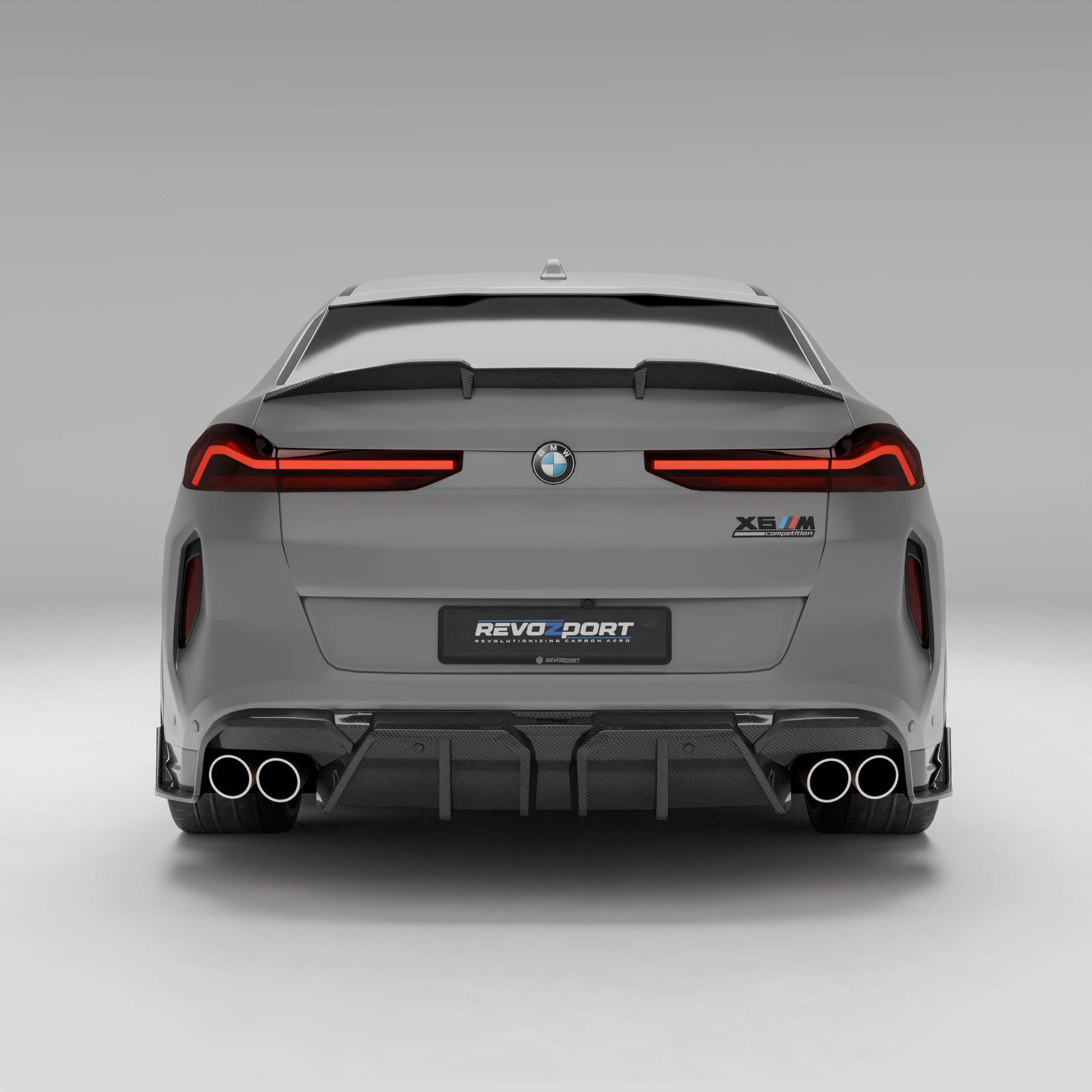 Carbon fiber trunk spoiler for BMW X6M F96 LCI, rear quarter angle