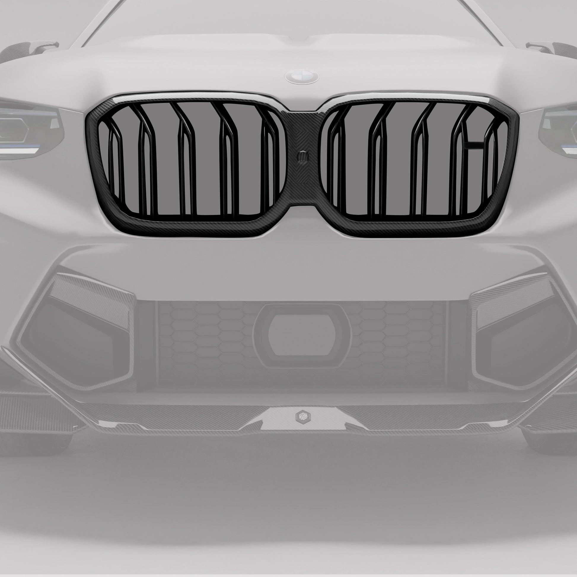 BMW X3M F97 LCI carbon grille highlighted on the front fascia
