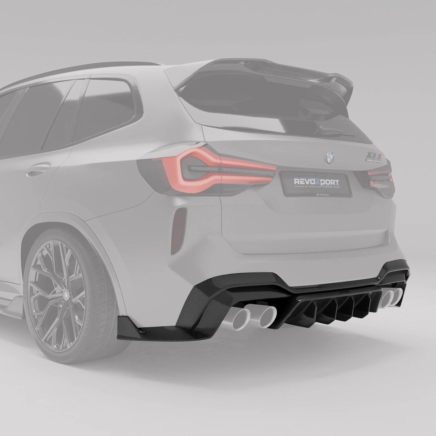 BMW X3M F97 LCI carbon diffuser highlighted render on bumper