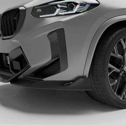 BMW X3M F97 LCI carbon fiber front intake covers rendering, front view