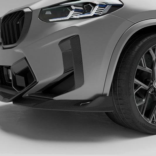 BMW X3M F97 LCI carbon fiber front intake covers rendering, front view