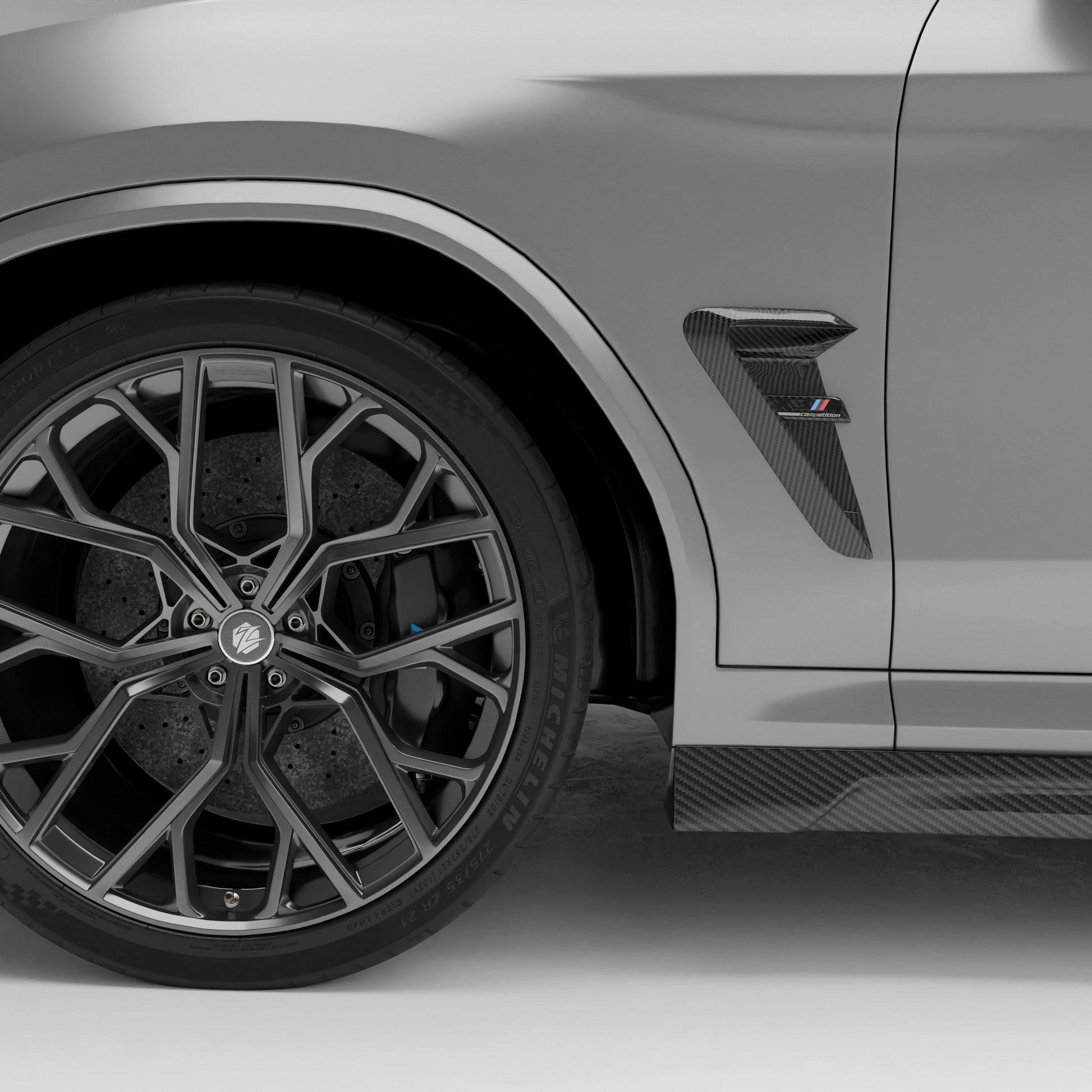 BMW X3M F97 LCI carbon fiber fender vents rendering, side body view