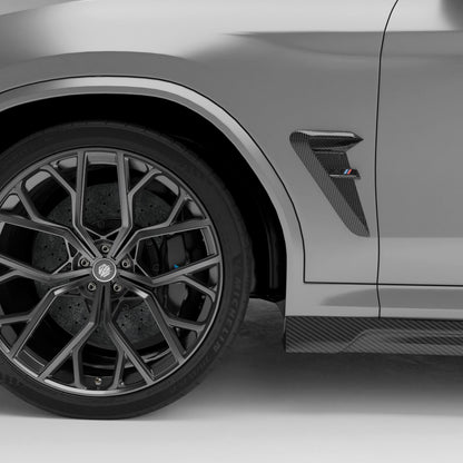 BMW X3M F97 LCI carbon fiber fender vents rendering, side body view