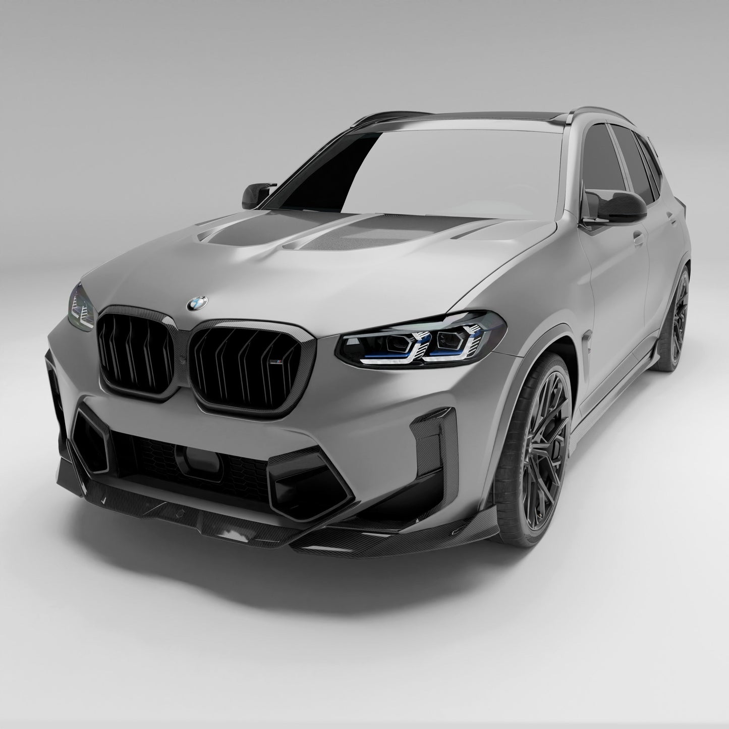 BMW X3M F97 LCI carbon hood styling rendering, side angle