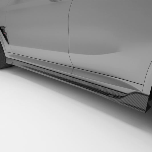 BMW X3M F97 LCI carbon fiber side skirts rendering, full side view