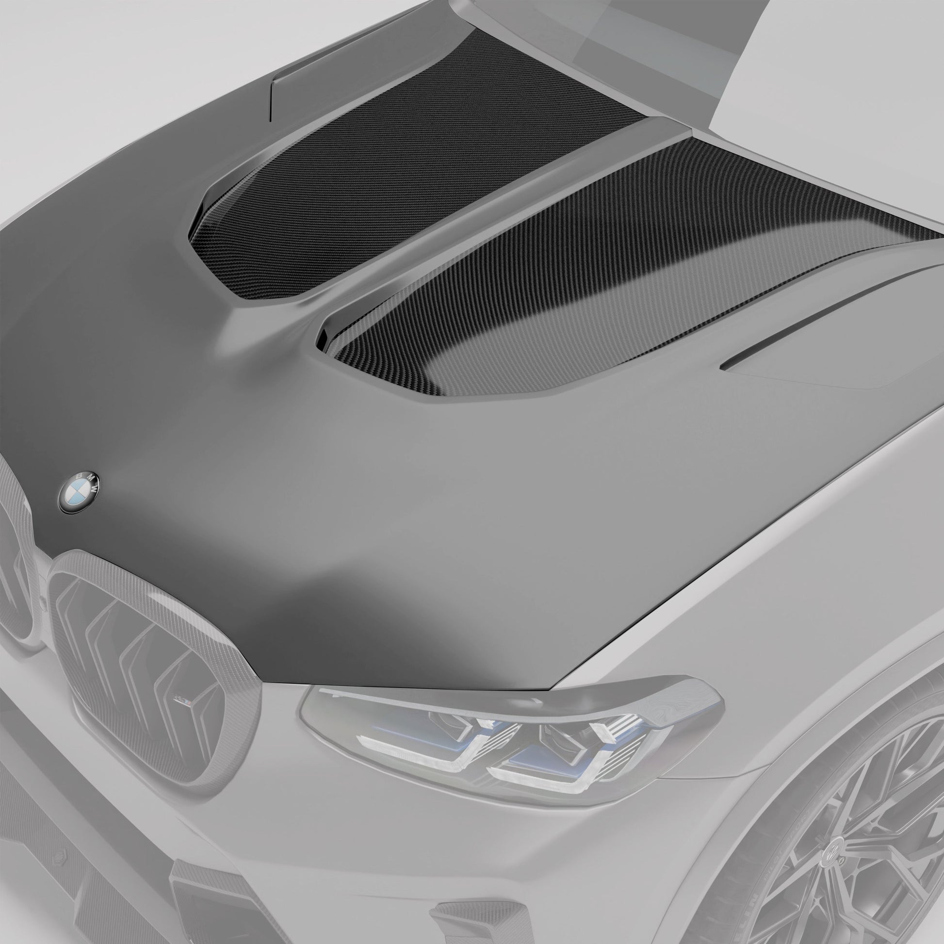 BMW X4M F98 LCI carbon hood highlighted render on body