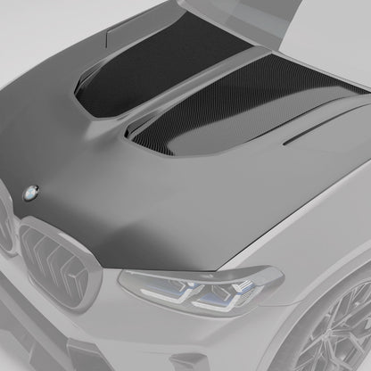 BMW X4M F98 LCI carbon hood highlighted render on body