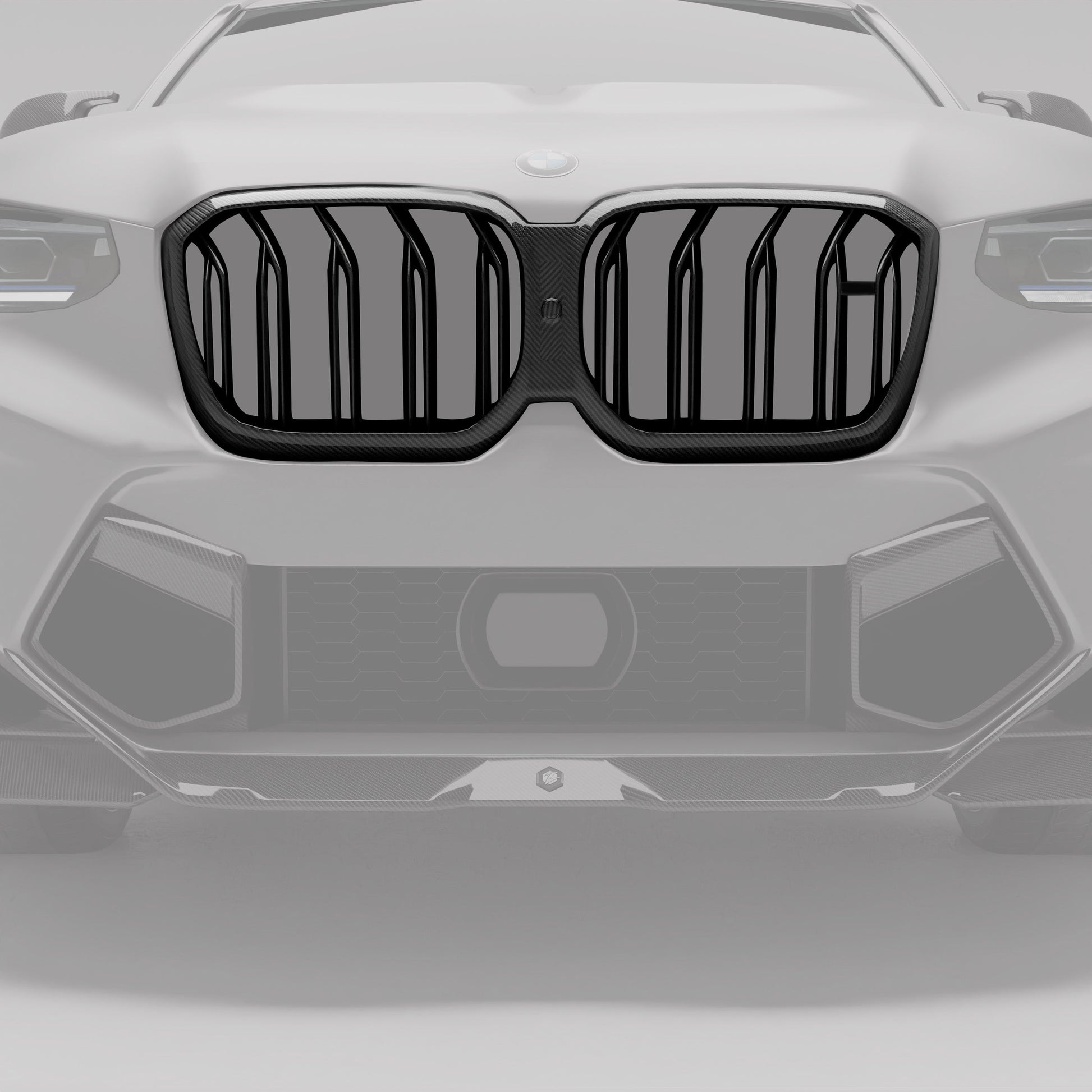 BMW X4M F98 LCI carbon grille highlighted render on bumper