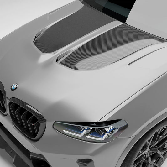 BMW X4M F98 LCI carbon fiber hood front three-quarter view