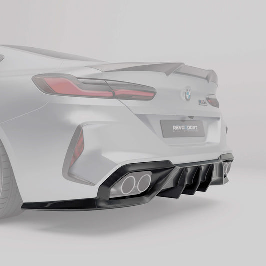 BMW M8 F92 coupe carbon fiber rear diffuser close-up detail