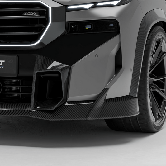 BMW XM G09 carbon fiber front bumper vents shown as a studio product pair