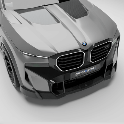 BMW XM G09 carbon fiber hood shown in full top-down studio view