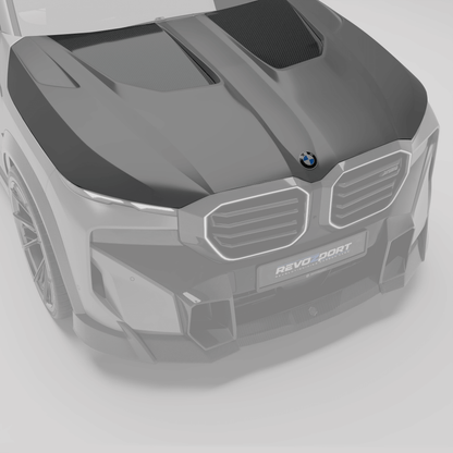 BMW XM G09 carbon fiber hood from a front angle showing sculpted contours