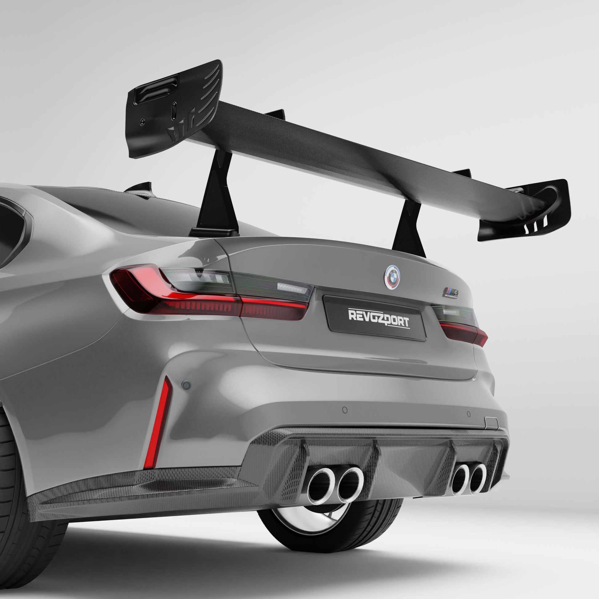 BMW M3 G80 carbon fiber aero rear trunk lid, rear three-quarter view