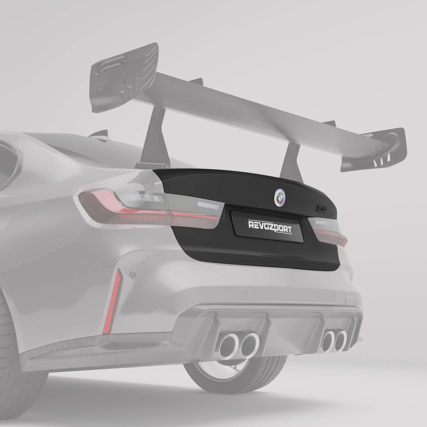 BMW M3 G80 carbon fiber trunk lid with integrated aero lip, side angle