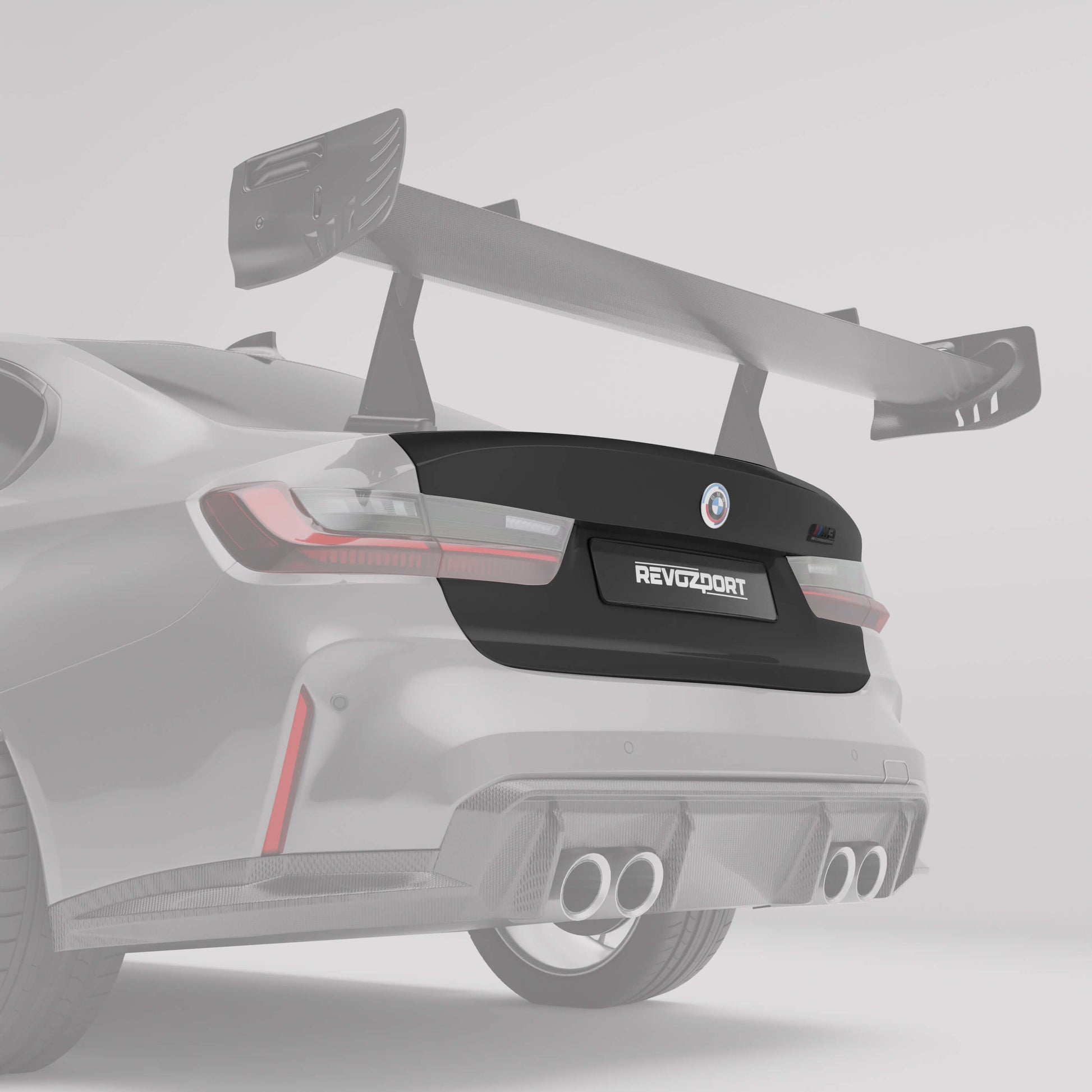 BMW M3 G80 carbon fiber trunk lid with integrated aero lip, side angle