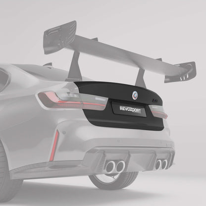 BMW M3 G80 carbon fiber trunk lid with integrated aero lip, side angle