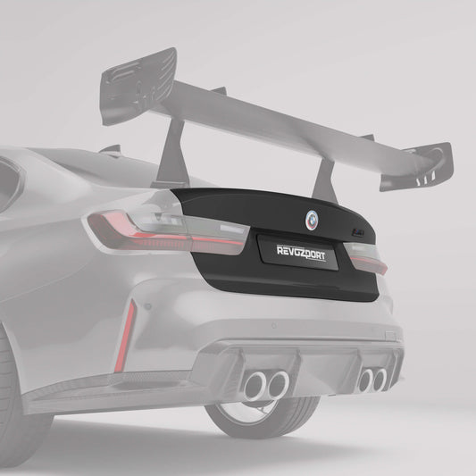 BMW M3 G80 carbon fiber trunk lid with integrated aero lip, side angle