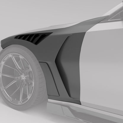 BMW M3 G81 carbon fiber vented fenders, angled rendering on car