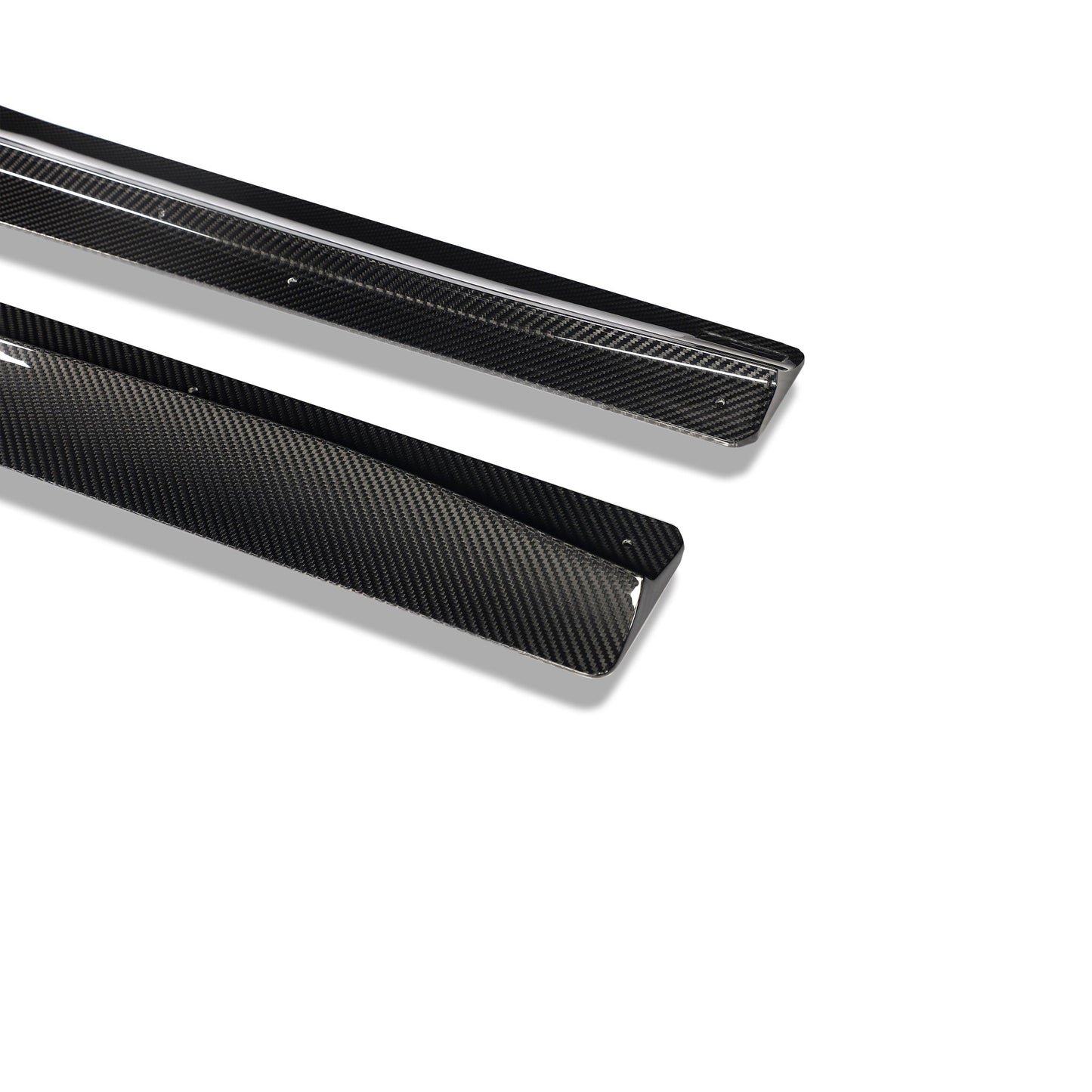 BMW M2 G87 carbon fiber aero side skirts, front-angle view