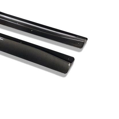 BMW M2 G87 carbon fiber aero side skirts, front-angle view