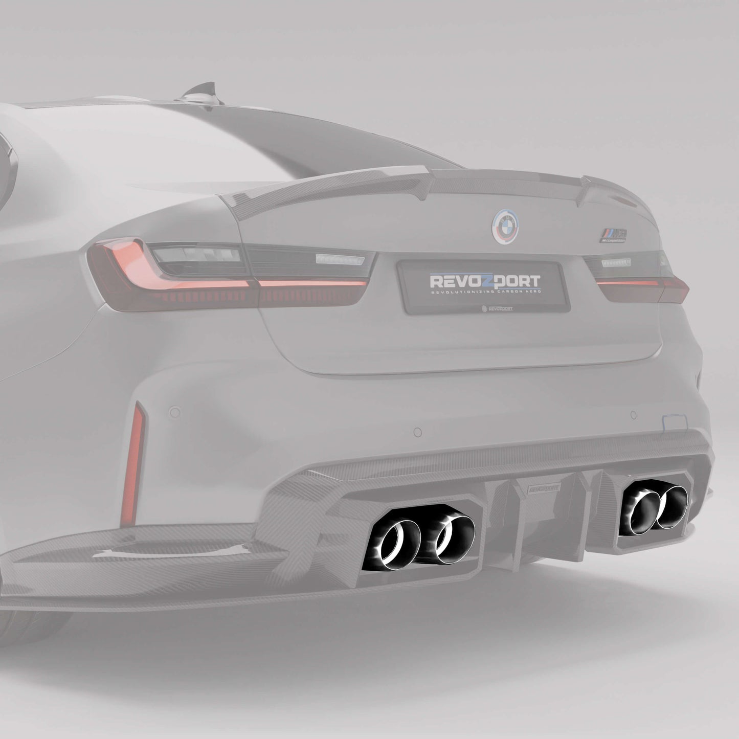 BMW M3 G80 polished silver tailpipe tips, alternate angle