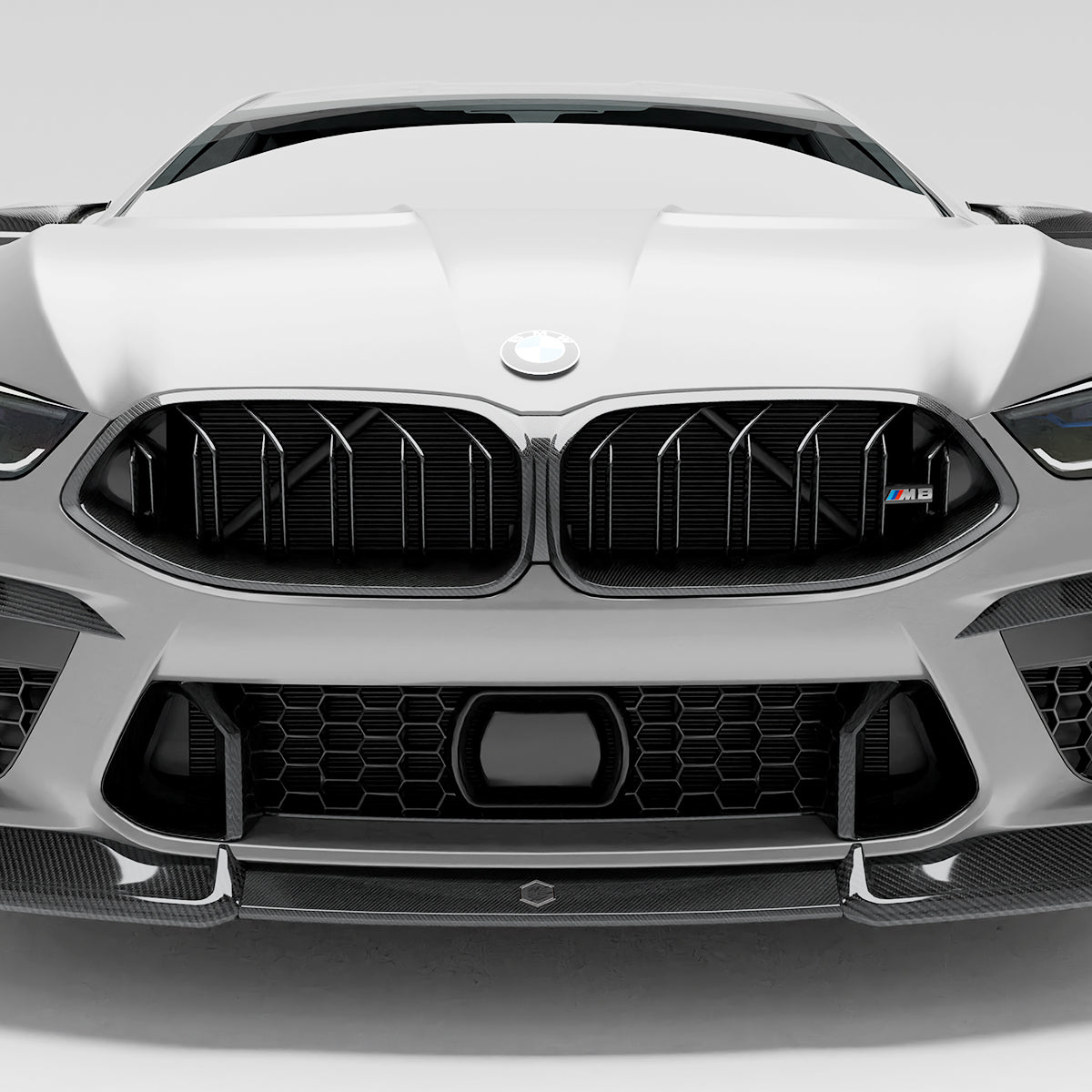 BMW M8 F91 F92 carbon fiber front grille close-up on nose