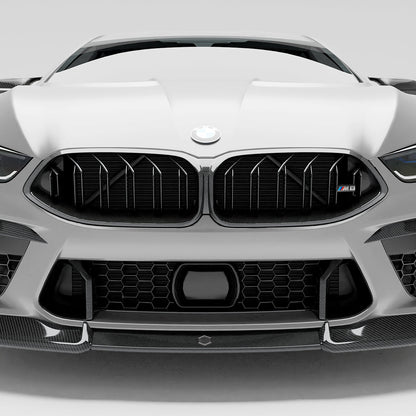 BMW M8 F91 F92 carbon fiber front grille close-up on nose