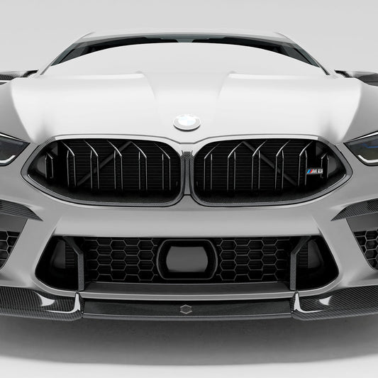 BMW M8 F91 F92 carbon fiber front grille close-up on nose