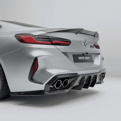 BMW M8 F91 F92 carbon fiber rear diffuser installed on rear bumper