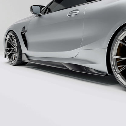BMW M8 F91 F92 carbon fiber side skirt close-up on rocker panel