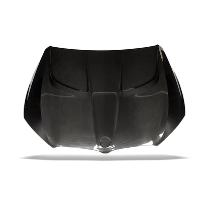 BMW M8 F91 F93 carbon fiber hood front three-quarter view