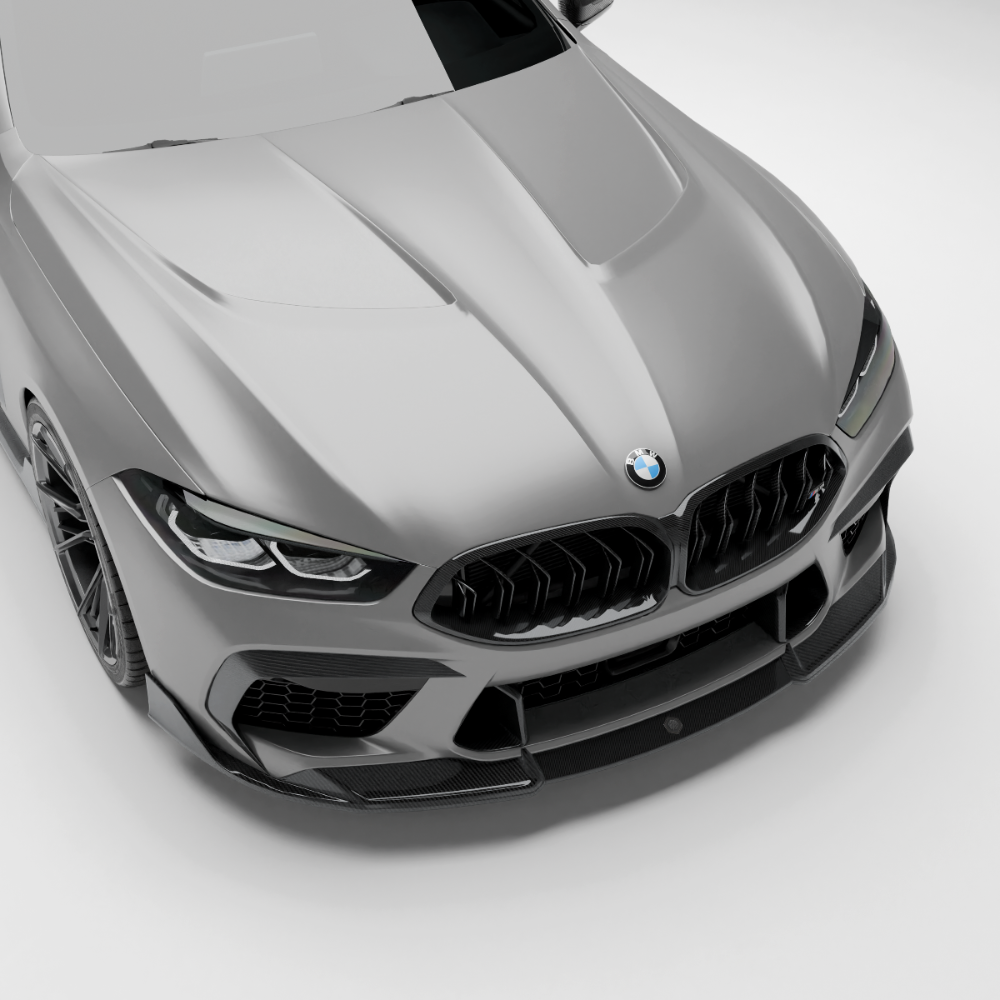BMW M8 F93 carbon fiber hood front three-quarter studio view