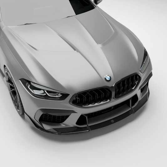 BMW M8 F93 carbon fiber hood front three-quarter studio view